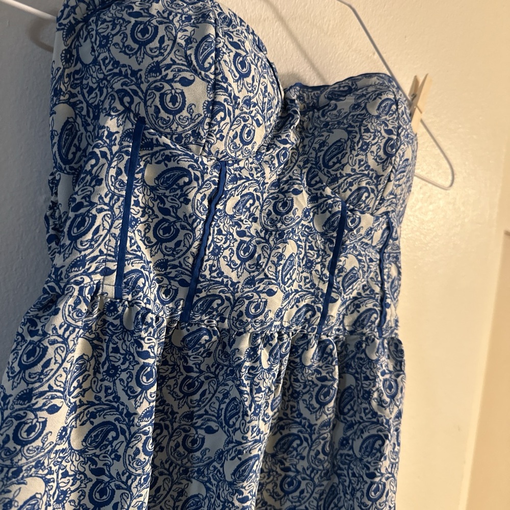 Blue and White Strapless Dress